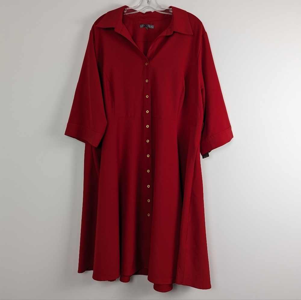 Women's Sharagano Button-Front Shirt Dress in Red Size 22W - Picture 1 of 6